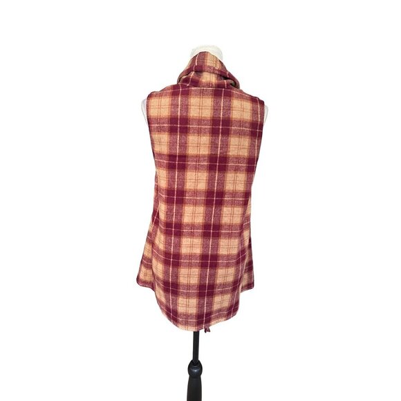 Entro Plaid Fringe Poncho Shawl Red Beige Sleeveless Vest Boho Western Size S - Picture 5 of 8
